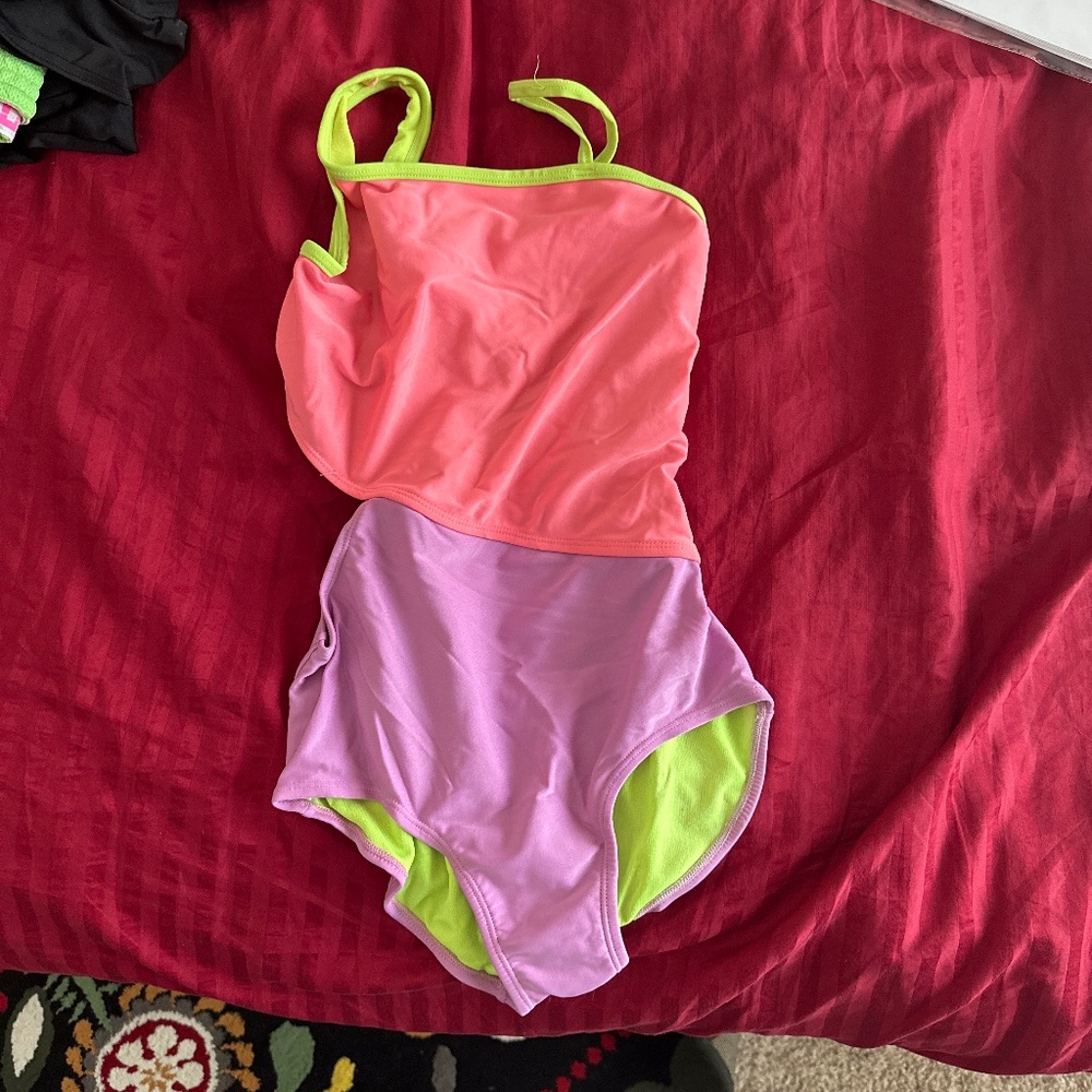 Girls’ Colorblock One-Piece Swimsuit — Pink, Purple & Neon Green